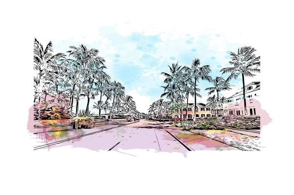 Print Building View Landmark Palm Beach Stad Södra Florida Akvarell — Stock vektor