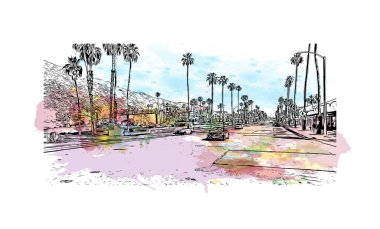 Palm Springs manzaralı Print Building, Kaliforniya 'da bir şehirdir. Vektörde elle çizilmiş resim ile suluboya sıçraması. 