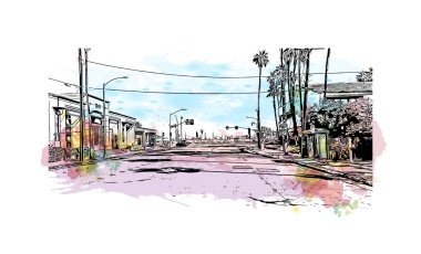 Palm Springs manzaralı Print Building, Kaliforniya 'da bir şehirdir. Vektörde elle çizilmiş resim ile suluboya sıçraması. 