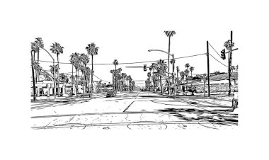 Palm Springs manzaralı Print Building, Kaliforniya 'da bir şehirdir. Vektörde elle çizilmiş çizim çizimi. 