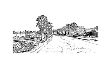 Palm Springs manzaralı Print Building, Kaliforniya 'da bir şehirdir. Vektörde elle çizilmiş çizim çizimi. 