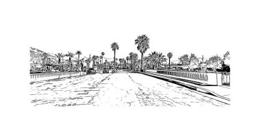 Palm Springs manzaralı Print Building, Kaliforniya 'da bir şehirdir. Vektörde elle çizilmiş çizim çizimi. 