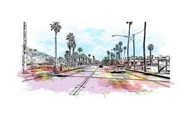 Palm Springs manzaralı Print Building, Kaliforniya 'da bir şehirdir. Vektörde elle çizilmiş resim ile suluboya sıçraması. 