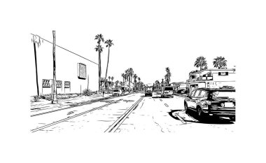 Palm Springs manzaralı Print Building, Kaliforniya 'da bir şehirdir. Vektörde elle çizilmiş çizim çizimi. 