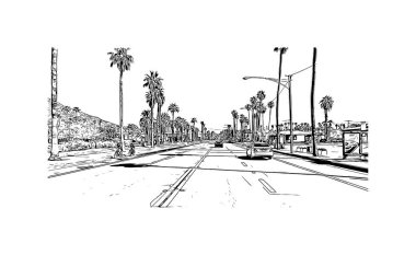 Palm Springs manzaralı Print Building, Kaliforniya 'da bir şehirdir. Vektörde elle çizilmiş çizim çizimi. 