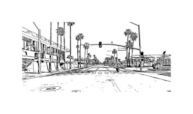 Palm Springs manzaralı Print Building, Kaliforniya 'da bir şehirdir. Vektörde elle çizilmiş çizim çizimi. 