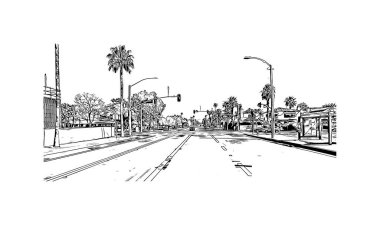 Palm Springs manzaralı Print Building, Kaliforniya 'da bir şehirdir. Vektörde elle çizilmiş çizim çizimi. 