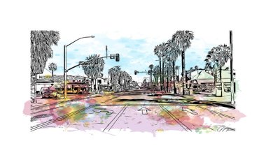 Palm Springs manzaralı Print Building, Kaliforniya 'da bir şehirdir. Vektörde elle çizilmiş resim ile suluboya sıçraması. 