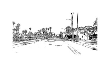 Palm Springs manzaralı Print Building, Kaliforniya 'da bir şehirdir. Vektörde elle çizilmiş çizim çizimi. 