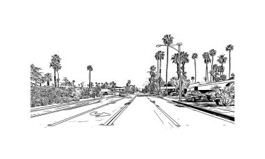 Palm Springs manzaralı Print Building, Kaliforniya 'da bir şehirdir. Vektörde elle çizilmiş çizim çizimi. 