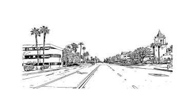 Palm Springs manzaralı Print Building, Kaliforniya 'da bir şehirdir. Vektörde elle çizilmiş çizim çizimi. 