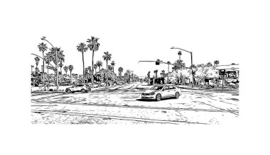 Palm Springs manzaralı Print Building, Kaliforniya 'da bir şehirdir. Vektörde elle çizilmiş çizim çizimi. 
