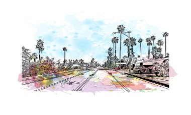 Palm Springs manzaralı Print Building, Kaliforniya 'da bir şehirdir. Vektörde elle çizilmiş resim ile suluboya sıçraması. 