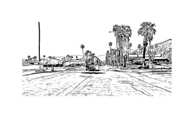 Palm Springs manzaralı Print Building, Kaliforniya 'da bir şehirdir. Vektörde elle çizilmiş çizim çizimi. 