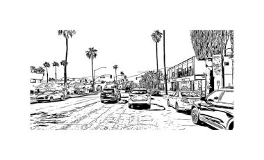 Palm Springs manzaralı Print Building, Kaliforniya 'da bir şehirdir. Vektörde elle çizilmiş çizim çizimi. 