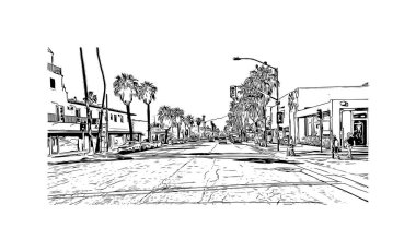 Palm Springs manzaralı Print Building, Kaliforniya 'da bir şehirdir. Vektörde elle çizilmiş çizim çizimi. 