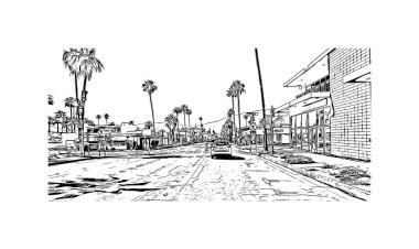 Palm Springs manzaralı Print Building, Kaliforniya 'da bir şehirdir. Vektörde elle çizilmiş çizim çizimi. 