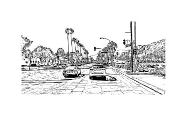 Palm Springs manzaralı Print Building, Kaliforniya 'da bir şehirdir. Vektörde elle çizilmiş çizim çizimi. 