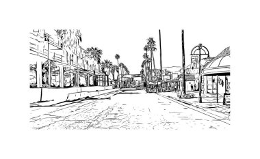 Palm Springs manzaralı Print Building, Kaliforniya 'da bir şehirdir. Vektörde elle çizilmiş çizim çizimi. 