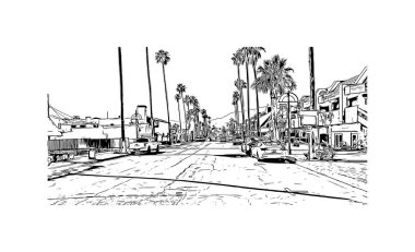 Palm Springs manzaralı Print Building, Kaliforniya 'da bir şehirdir. Vektörde elle çizilmiş çizim çizimi. 