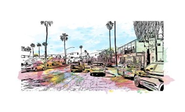Palm Springs manzaralı Print Building, Kaliforniya 'da bir şehirdir. Vektörde elle çizilmiş resim ile suluboya sıçraması. 