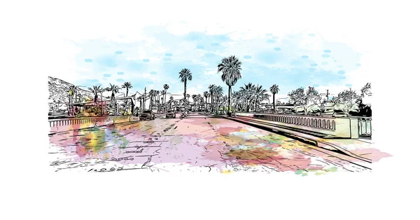 带有棕榈泉地标的印刷建筑景观是加州的一个城市 矢量手绘示意图水彩画 — 图库矢量图片