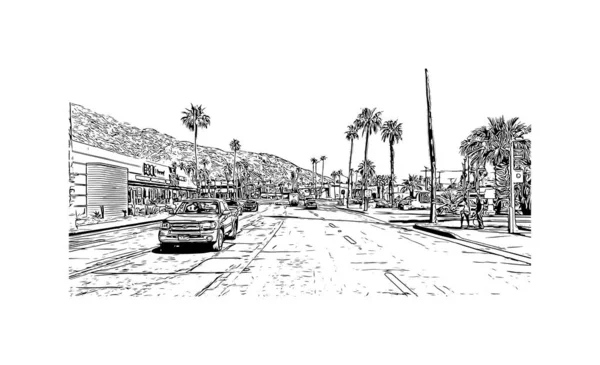 Palm Springs manzaralı Print Building, Kaliforniya 'da bir şehirdir. Vektörde elle çizilmiş çizim çizimi. 