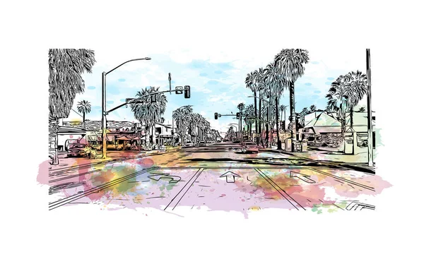 Print Вид Здание Достопримечательностью Palm Springs Город Калифорнии Всплеск Акварели — стоковый вектор