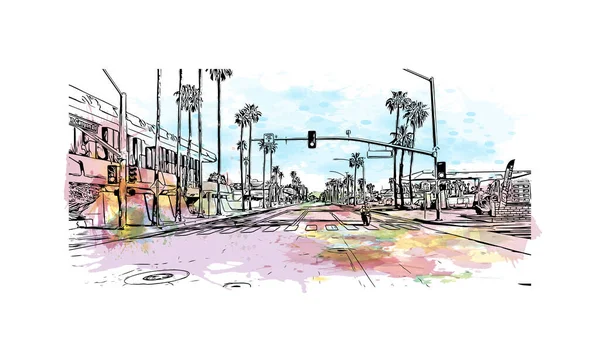 带有棕榈泉地标的印刷建筑景观是加州的一个城市 矢量手绘示意图水彩画 — 图库矢量图片