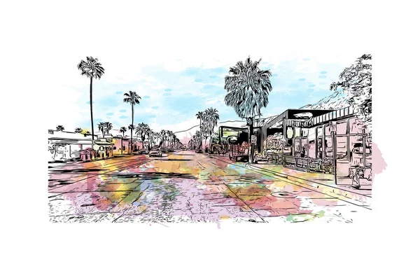 Print Вид Здание Достопримечательностью Palm Springs Город Калифорнии Всплеск Акварели — стоковый вектор