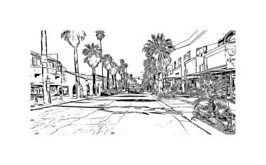 Palm Springs manzaralı Print Building, Kaliforniya 'da bir şehirdir. Vektörde elle çizilmiş çizim çizimi. 