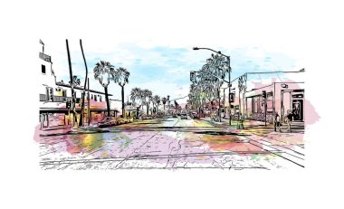 Palm Springs manzaralı Print Building, Kaliforniya 'da bir şehirdir. Vektörde elle çizilmiş resim ile suluboya sıçraması. 