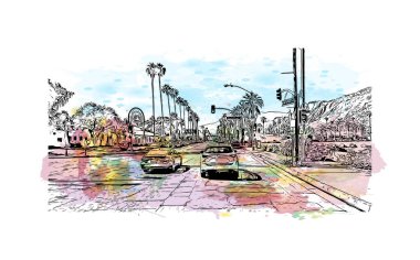 Palm Springs manzaralı Print Building, Kaliforniya 'da bir şehirdir. Vektörde elle çizilmiş resim ile suluboya sıçraması. 