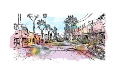 Palm Springs manzaralı Print Building, Kaliforniya 'da bir şehirdir. Vektörde elle çizilmiş resim ile suluboya sıçraması. 