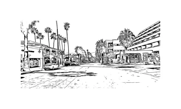 Palm Springs manzaralı Print Building, Kaliforniya 'da bir şehirdir. Vektörde elle çizilmiş çizim çizimi. 