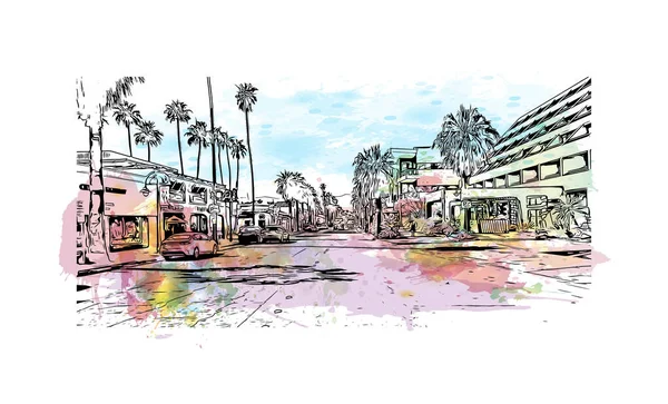 Print Building View Landmark Palm Springs City California Watercolor Splash — Stock Vector