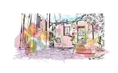 Print Building view with landmark of Paros is the village in Greece. Vektörde elle çizilmiş resim ile suluboya sıçraması