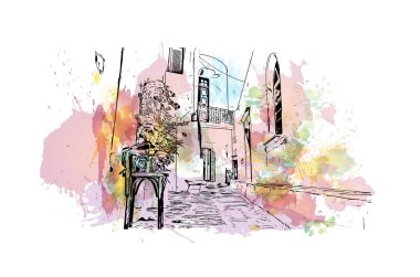 Print Building view with landmark of Paros is the village in Greece. Vektörde elle çizilmiş resim ile suluboya sıçraması