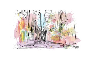 Print Building view with landmark of Paros is the village in Greece. Vektörde elle çizilmiş resim ile suluboya sıçraması