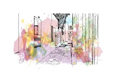 Print Building view with landmark of Paros is the village in Greece. Vektörde elle çizilmiş resim ile suluboya sıçraması