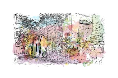 Print Building view with landmark of Paros is the village in Greece. Vektörde elle çizilmiş resim ile suluboya sıçraması