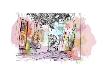 Print Building view with landmark of Paros is the village in Greece. Vektörde elle çizilmiş resim ile suluboya sıçraması