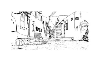 Print Building view with landmark of Paros is the village in Greece. Vektörde elle çizilmiş çizim çizimi