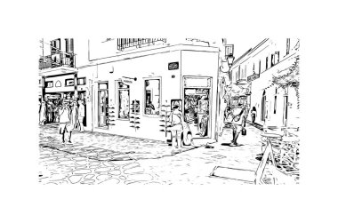 Print Building view with landmark of Paros is the village in Greece. Vektörde elle çizilmiş çizim çizimi