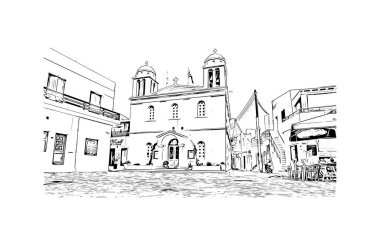 Print Building view with landmark of Paros is the village in Greece. Vektörde elle çizilmiş çizim çizimi