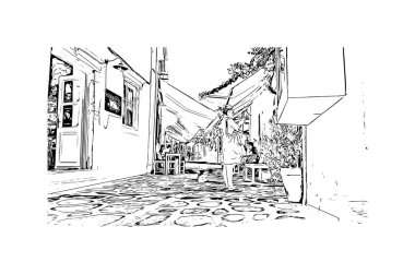 Print Building view with landmark of Paros is the village in Greece. Vektörde elle çizilmiş çizim çizimi