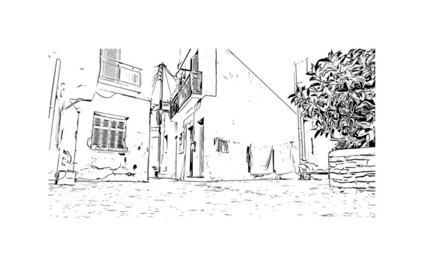 印刷パロスのランドマークとビルの景色はギリシャの村です 手描きのスケッチ図ベクトル — ストックベクタ
