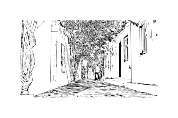 Stampa Vista Edificio Con Punto Riferimento Paros Villaggio Grecia Illustrazione — Vettoriale Stock