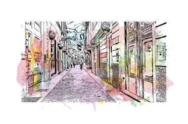 Print Building view with landmark of Parma is the city in Italy. Vektörde elle çizilmiş resim ile suluboya sıçraması.