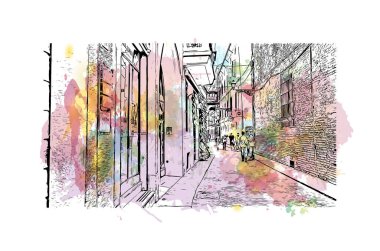 Print Building view with landmark of Parma is the city in Italy. Vektörde elle çizilmiş resim ile suluboya sıçraması.